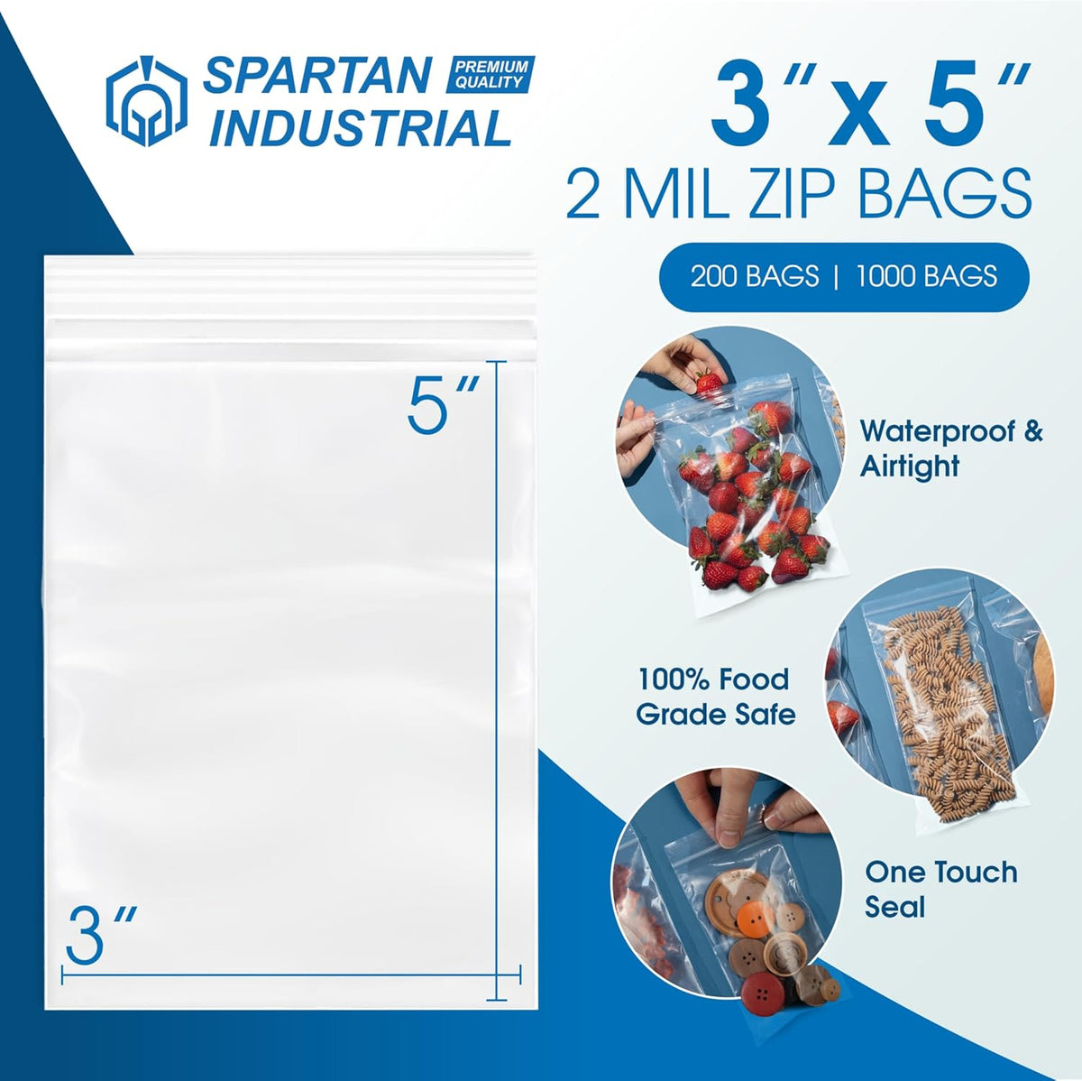 3” X 5” (1000 Count) 2 Mil Clear Reclosable Zip Plastic Poly Bags
