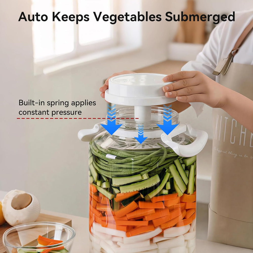 1.3 Gallon Plastic Fermentation Jars - Kimchi Fermenting Container with Auto Weight Press Plate & One Way Exhaust