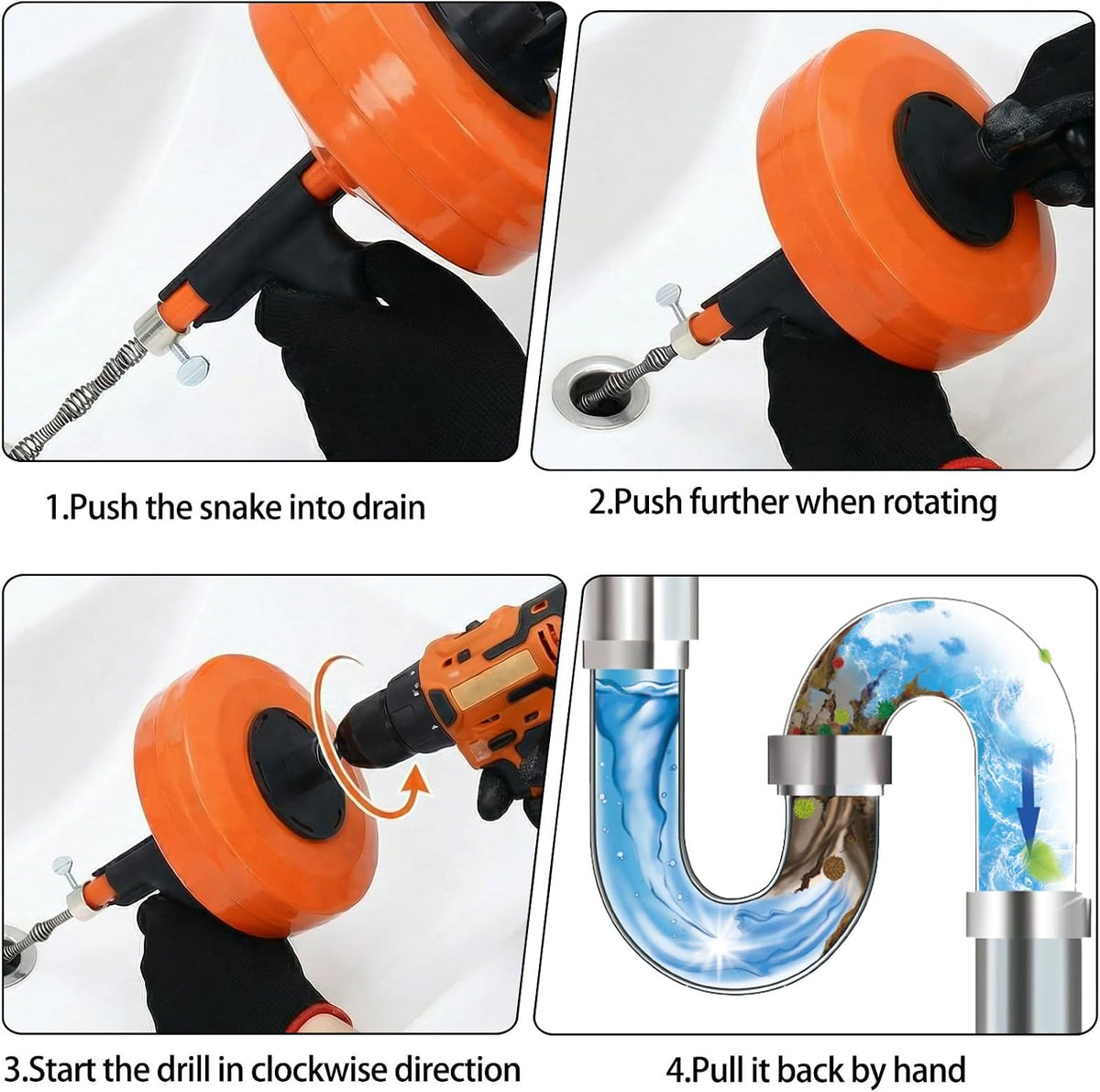 50 Ft Drain Auger,Use Manually or Drill Powered 50 Foot Drain Snake,Heavy Duty Flexible Plumbing Snake,With Gloves