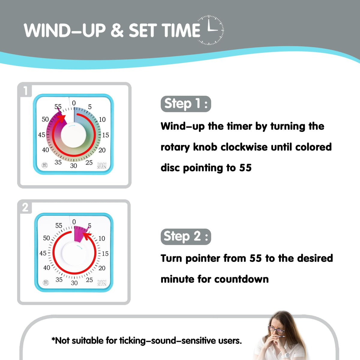 TWENTY5 SEVEN 7.5-Inch Visual Timer, Battery-Free 60-Minute Countdown Clock