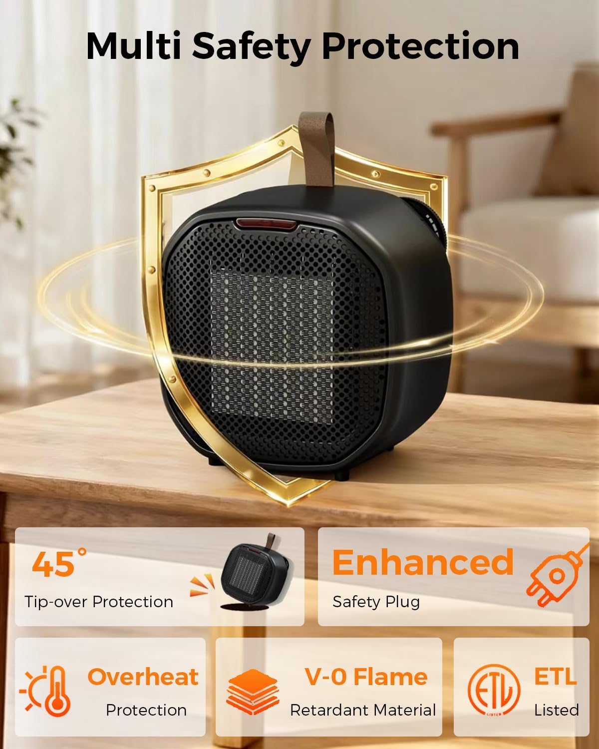 Portable Ceramic Space Heater w/Thermostat, 1500W Indoor Electric Space Heater Fan with Overheat and Tip-Over