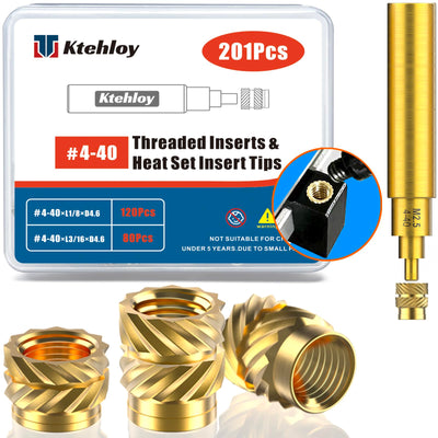 201Pcs #4-40 Threaded Inserts, Female Thread SAE Knurled Nuts Assortment Kit, Brass Heat Set Insert for Plastic and