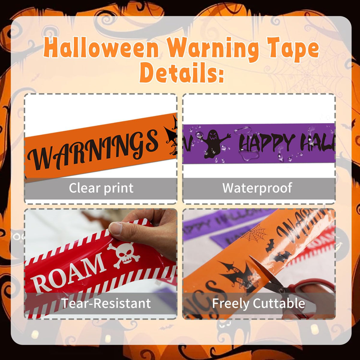 Halloween Caution Tape Decorations 3"x90ft Reusable Glue Free Warning Tape