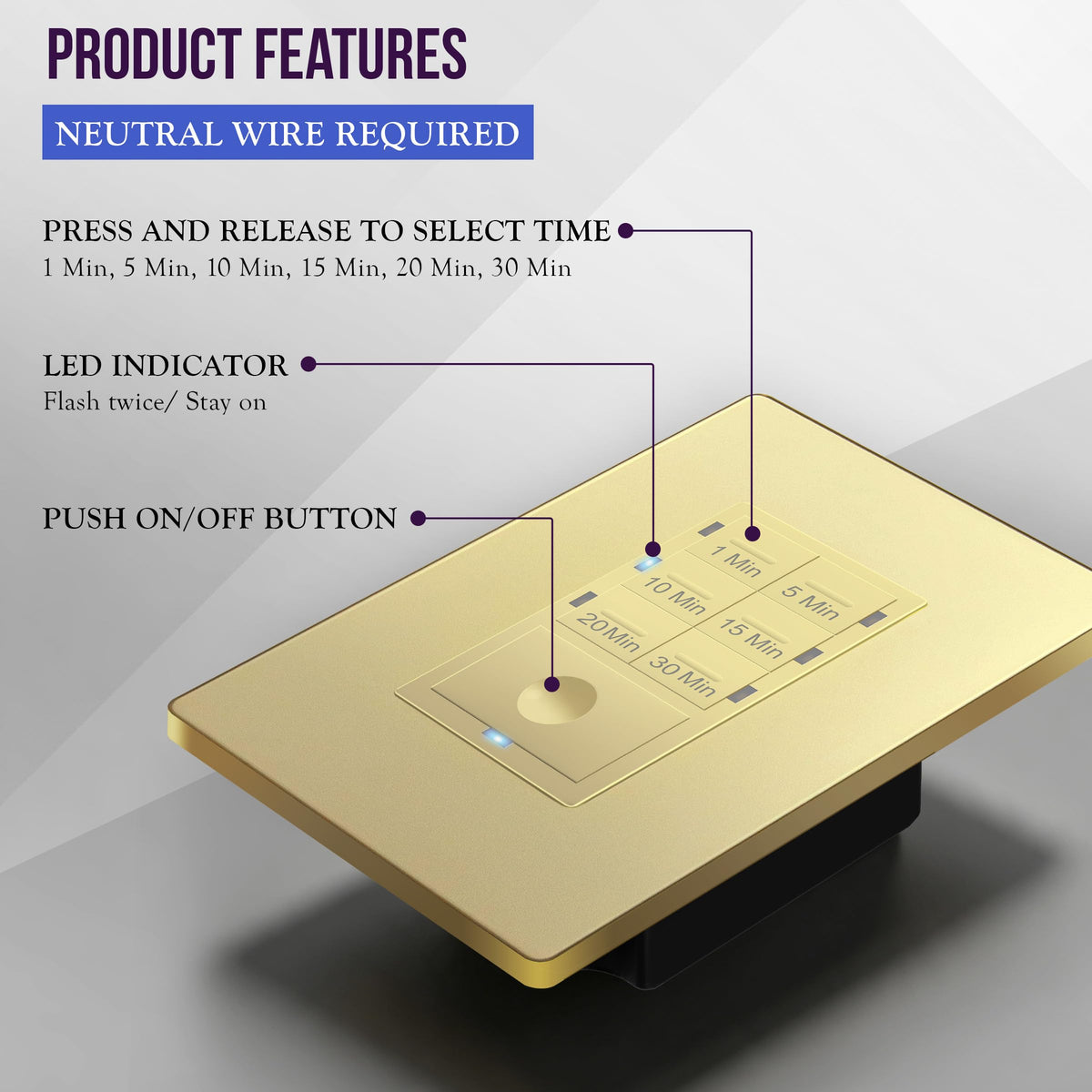 ENERLITES 30-Minute Neutral Countdown Wall Switch Timer, Gold, 2 Pack