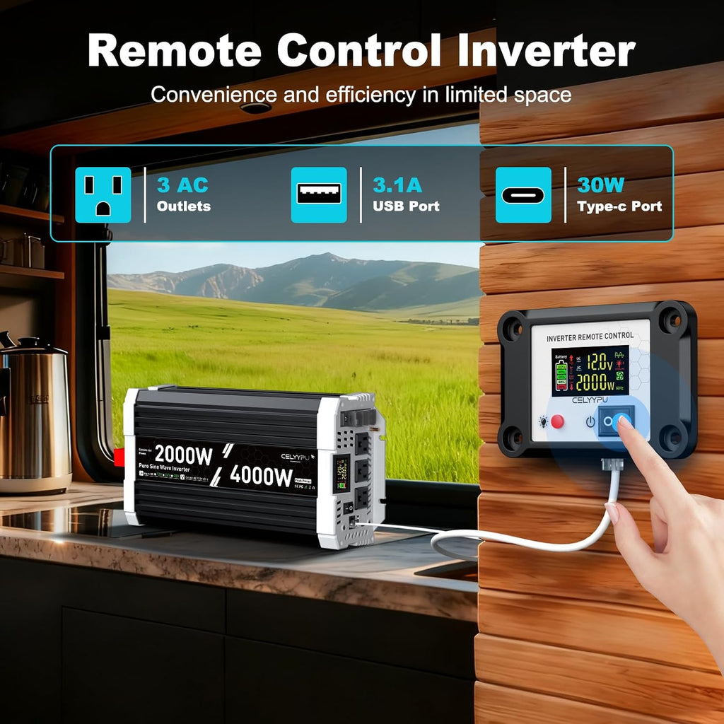 2000 watt Pure sine Wave Inverter, 12V DC to 110V AC Power Inverter, with 3 AC Output sockets, USB Port, Type-C Port