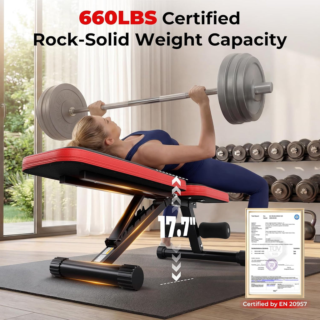 95% Pre-assemble Adjustable Weight Benches for Home Gym, 9 Backpad Positions Workout Bench, 660lb Compact Bench Press