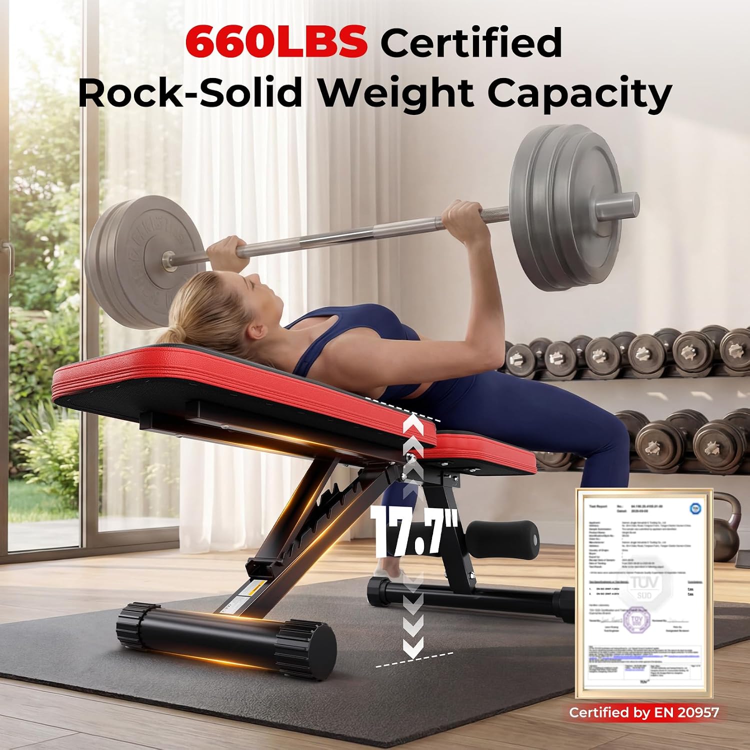 95% Pre-assemble Adjustable Weight Benches for Home Gym, 9 Backpad Positions Workout Bench, 660lb Compact Bench Press