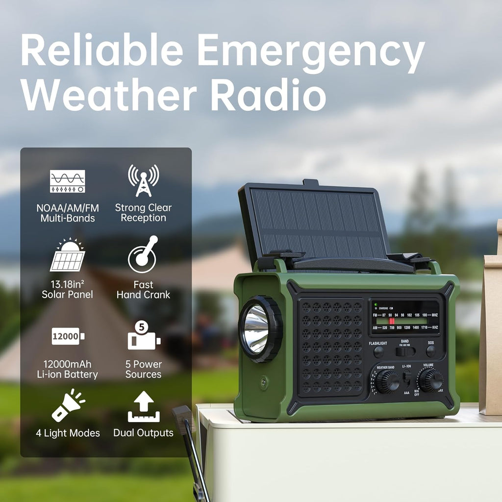 Solar Radio Emergency Hand Crank 12000mAh with Clear Signal | AM FM NOAA Weather Radio Battery Operated with 2-Mode