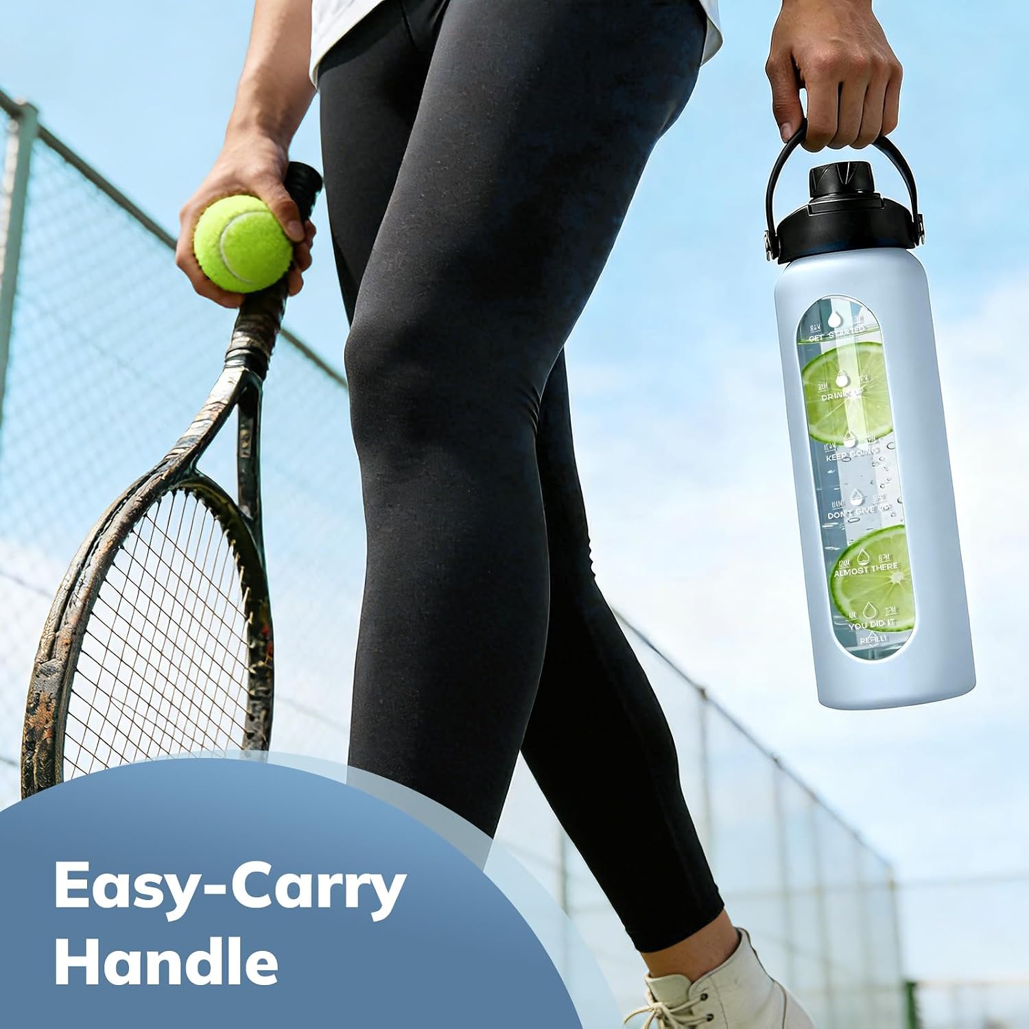 32 oz Glass Water Bottle with 2 Lids – Spout & Straw Lids, 1L Motivational Borosilicate Glass Water Bottle with Time