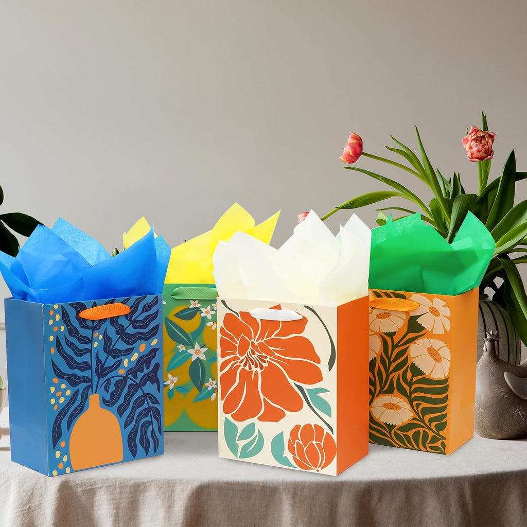 Beautiful Gift Bags with Tissue Paper, Assorted Abstract Floral Designs