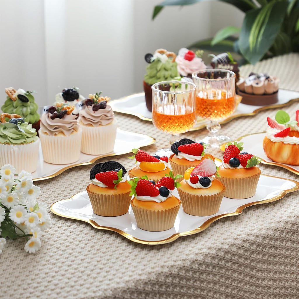 24 Pcs Disposable Paper Serving Trays 9x13 Inch Gold Rim White