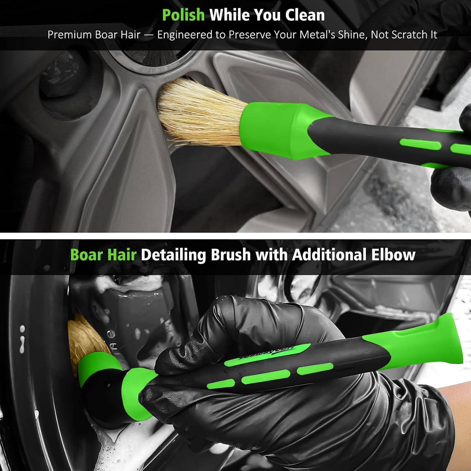 3PCS Quick Car Wheel Brush Kit, 360° Bendable Rim Cleaner, Green | 2-Size Flexible Rim Cleaning, Boars Hair Detailing