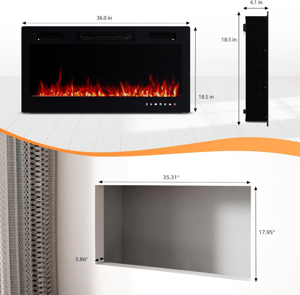 36 Inch Electric Fireplace with Remote, 1500W Wall Mounted & Recessed Fireplace with Timer, 12 Flame Color, 5