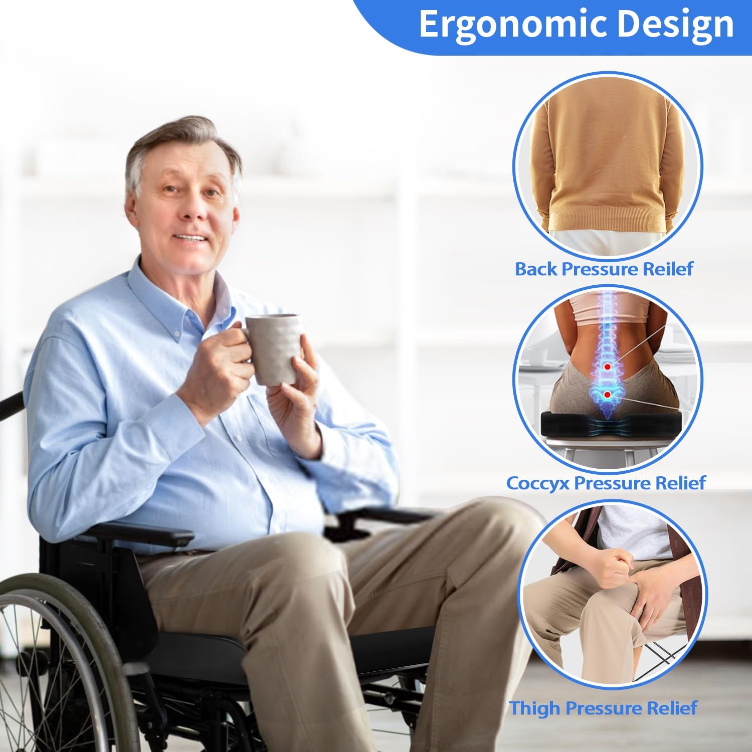 Wheelchair Cushions, 18''x16''x 3'' Gel Wheelchair Seat Cushion with Lumbar Pillow, (2-Piece Set) for Relieve
