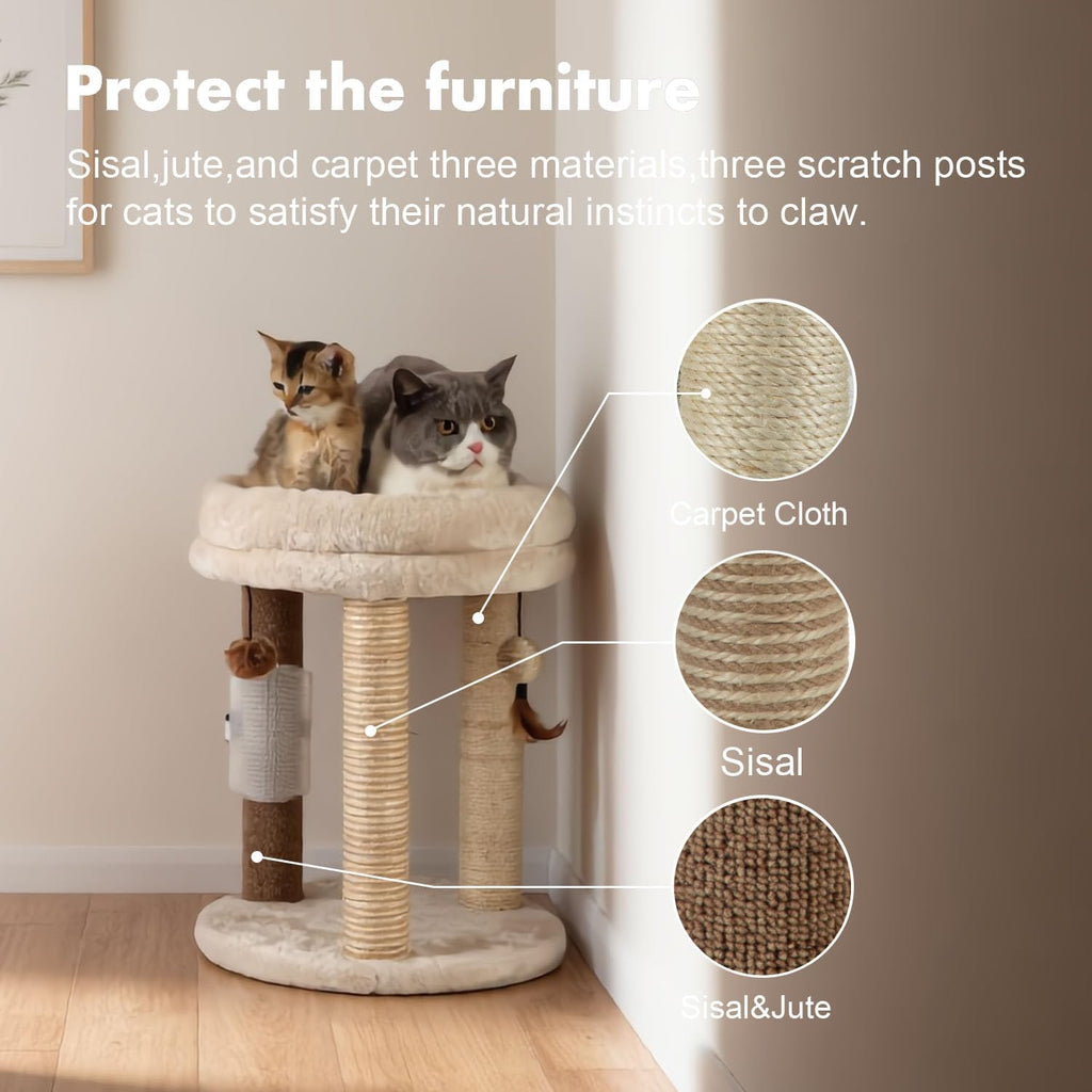 4in1 Small Cat Tree,Scratching Post with Tower Soft Bed, Sisal Carpet Jute Posts with Three Hanging Ball Toys and