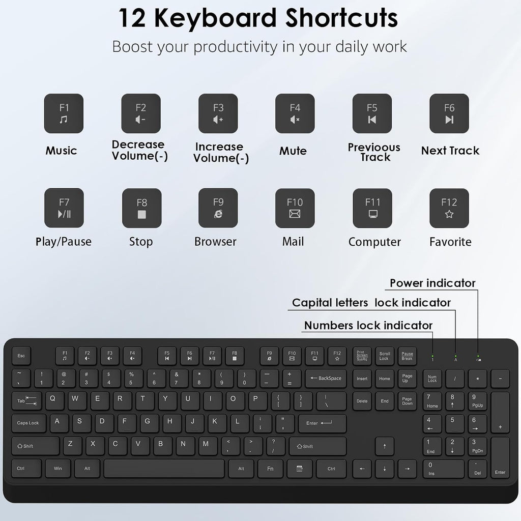 BKA BYA Wireless Keyboard and Mouse Combo,Full Size Quiet Keyboard and Mouse, 2.4GHz USB Receiver, Cordless Silent