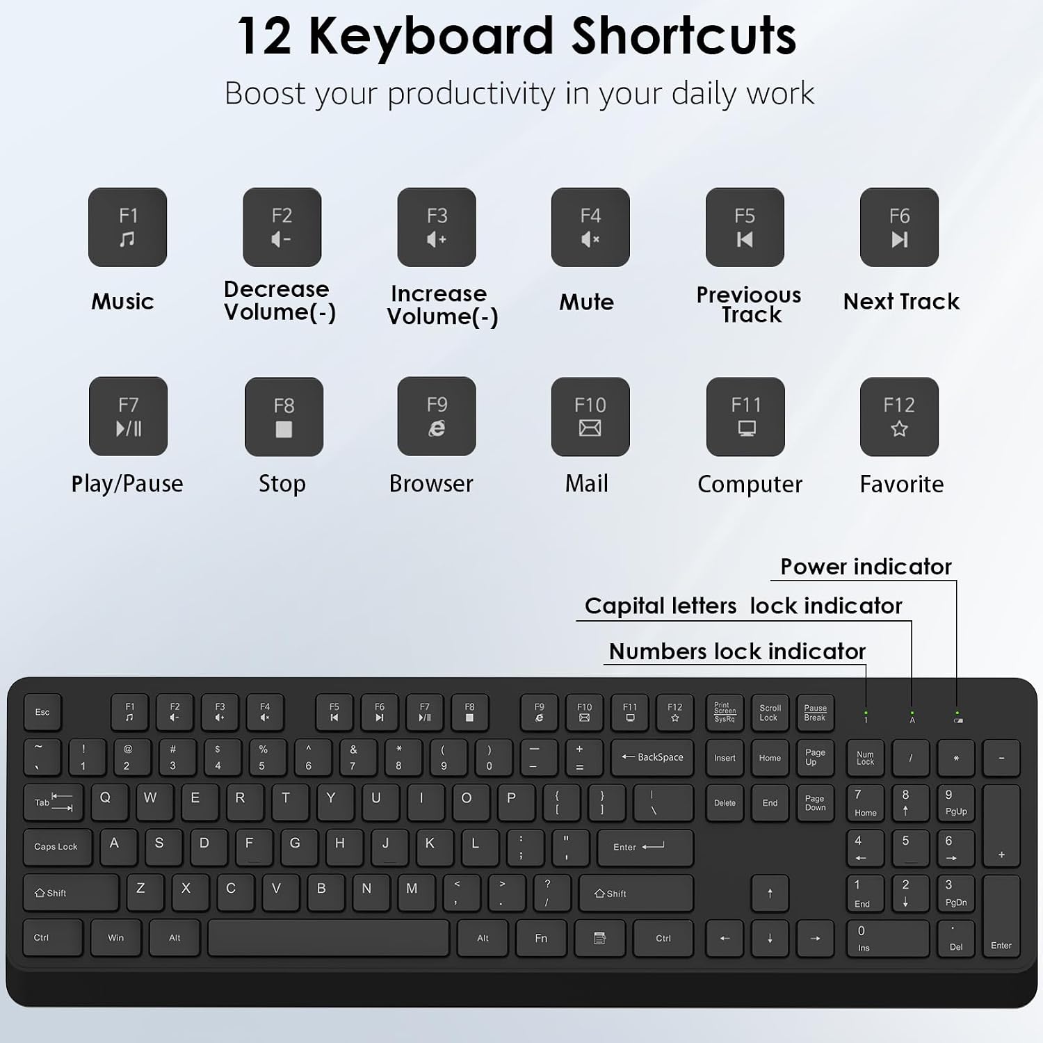 BKA BYA Wireless Keyboard and Mouse Combo,Full Size Quiet Keyboard and Mouse, 2.4GHz USB Receiver, Cordless Silent