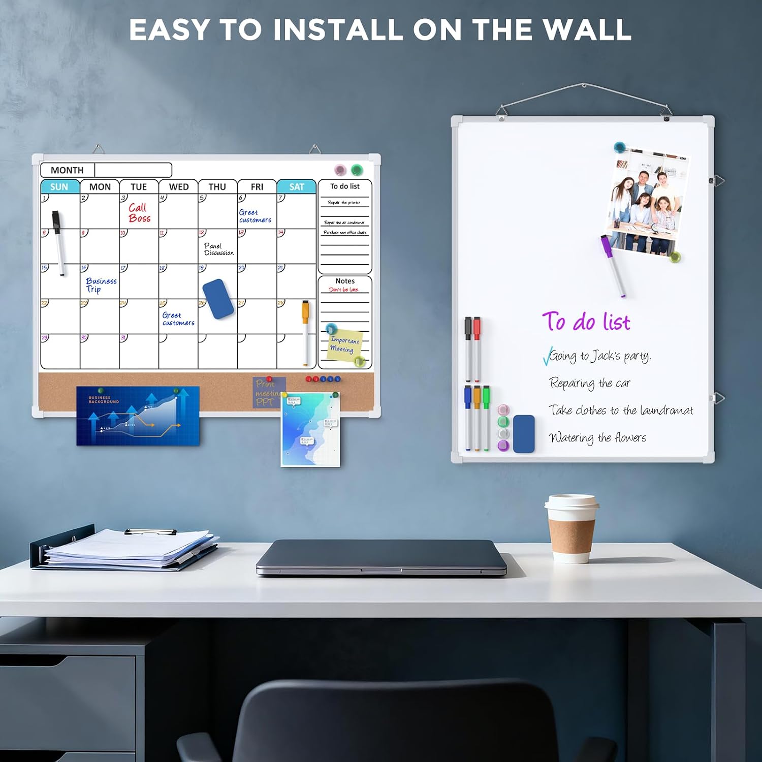 Monthly Calendar Whiteboard for Wall, 24" x 18" Double-Sided White Board Calendar with Bulletin Board, Dry Erase Cork