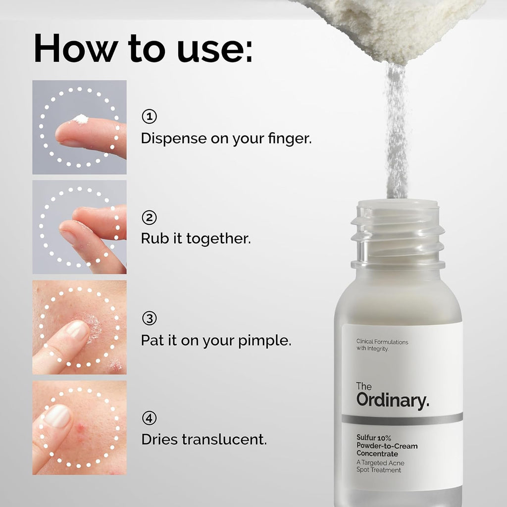 Sulfur 10% Powder-to-Cream Acne Spot Treatment Concentrate, Reduces Pimple Size and Zit Redness, 0.18 Oz