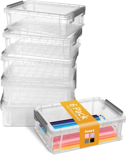 6 Pack Extra Large Pencil Box, Plastic Pencil Case Crayon Box, Clear Marker Organizer Plastic Containers with Lid