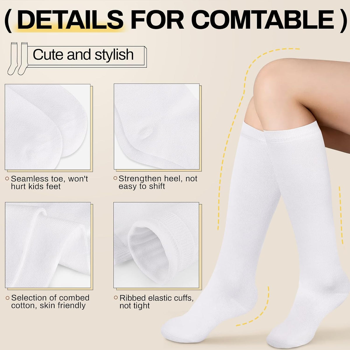 Knee High Socks for Girls Boys Kids, Cotton, Seamless, 4 Pairs | School Uniform Socks, Over The Knee