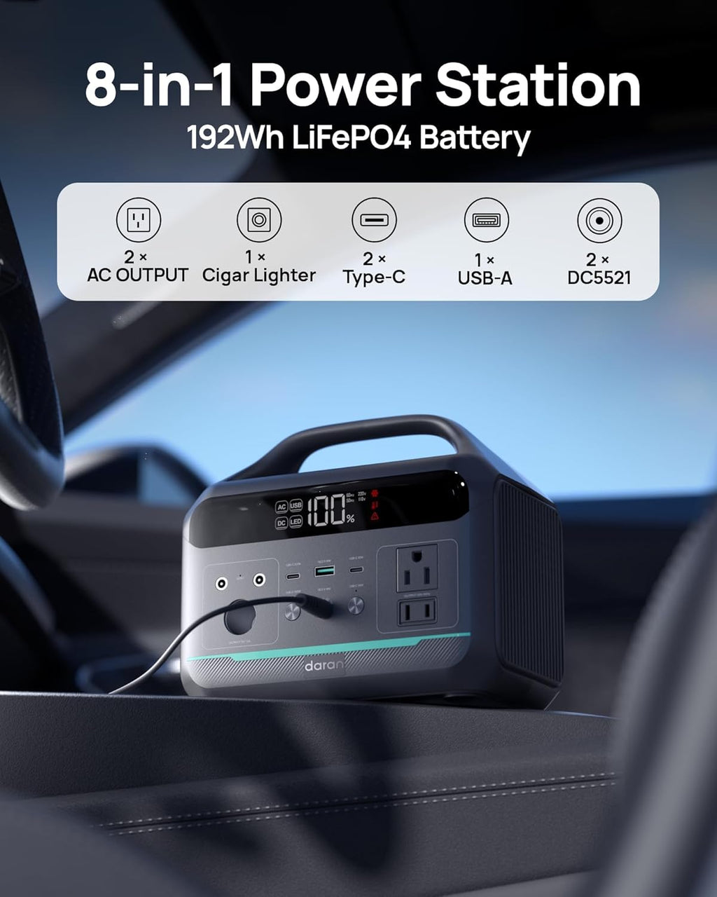 Portable Power Station 300W, 192Wh Large Power Bank with 110V AC Outlet, LiFePO4 Battery Backup,8-Ports Solar