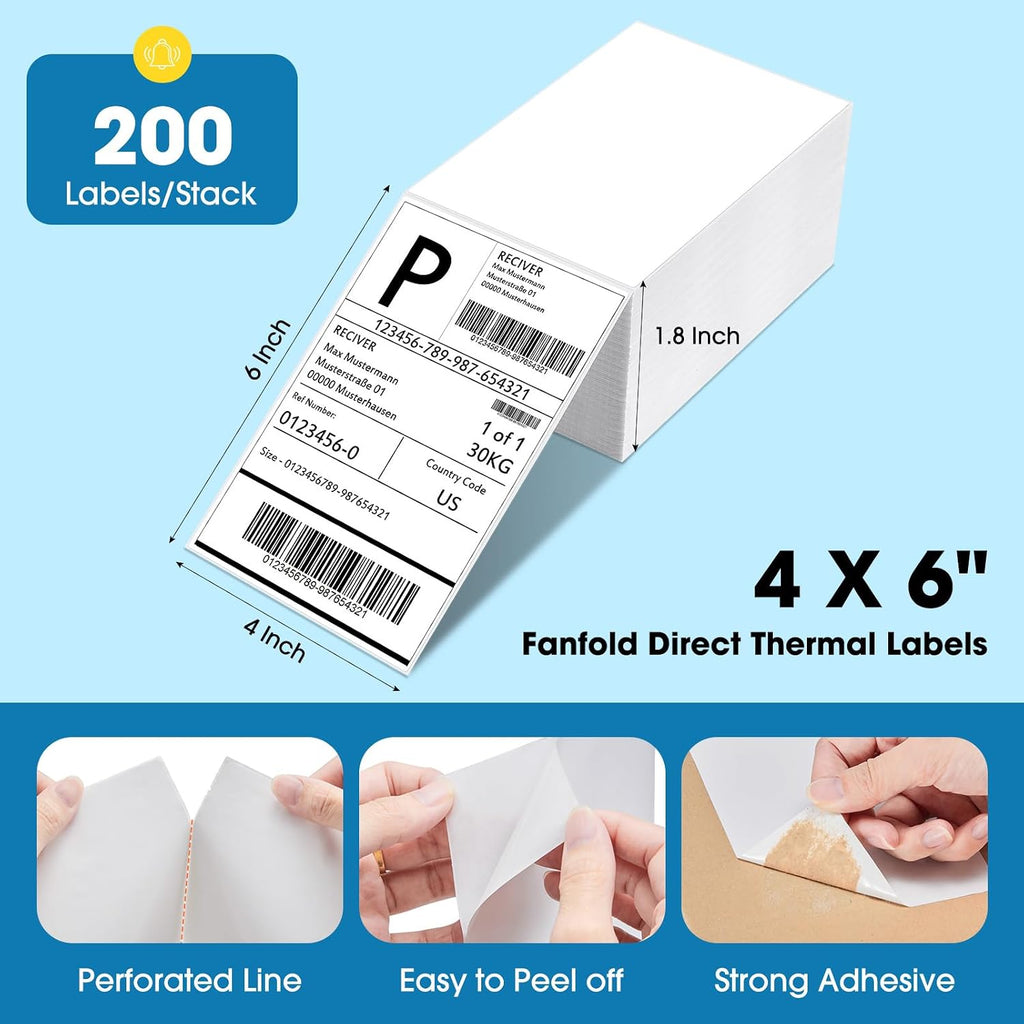 Thermal Labels 4x6 200 Labels Fanfold Direct Shipping Label | with Perforated and Strong Adhesive Mailing Stickers