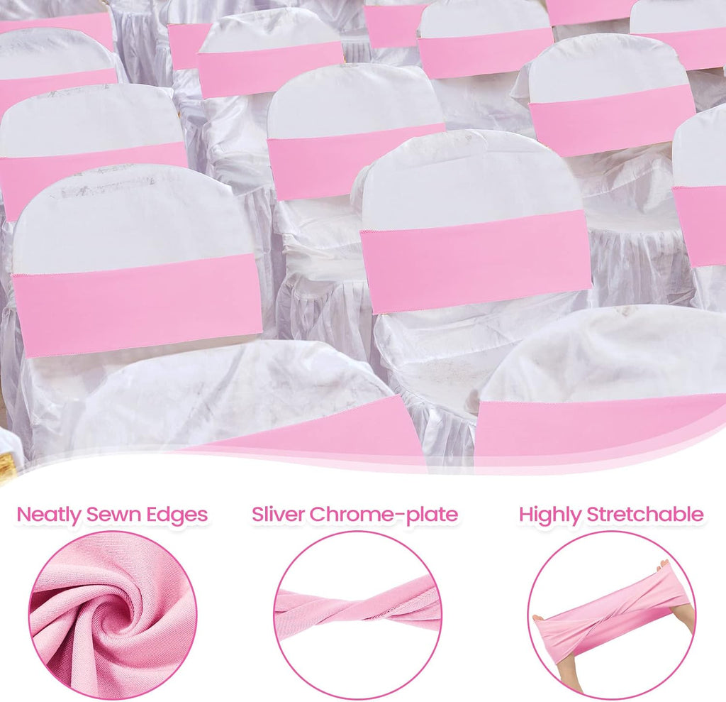 100 Pcs Spandex Chair Sashes Wedding Stretch Bands, Pink