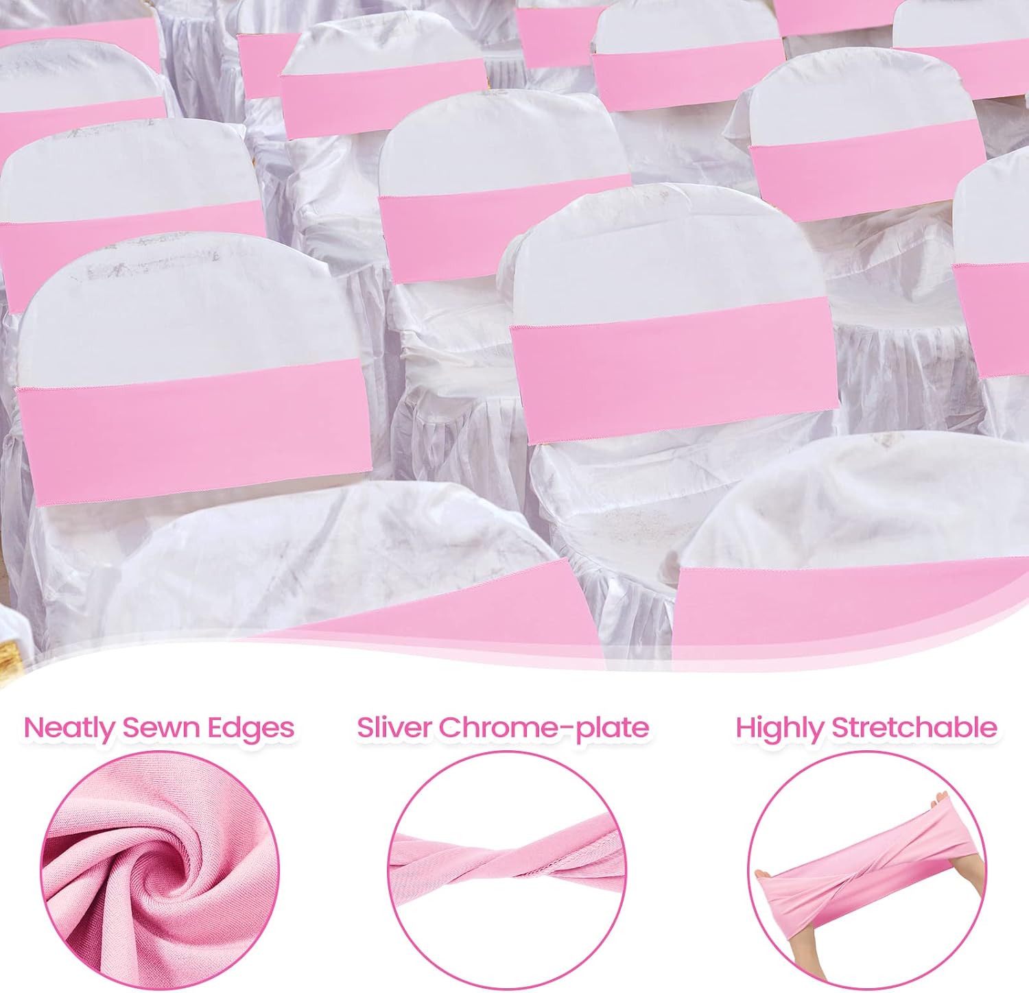 100 Pcs Spandex Chair Sashes Wedding Stretch Bands, Pink