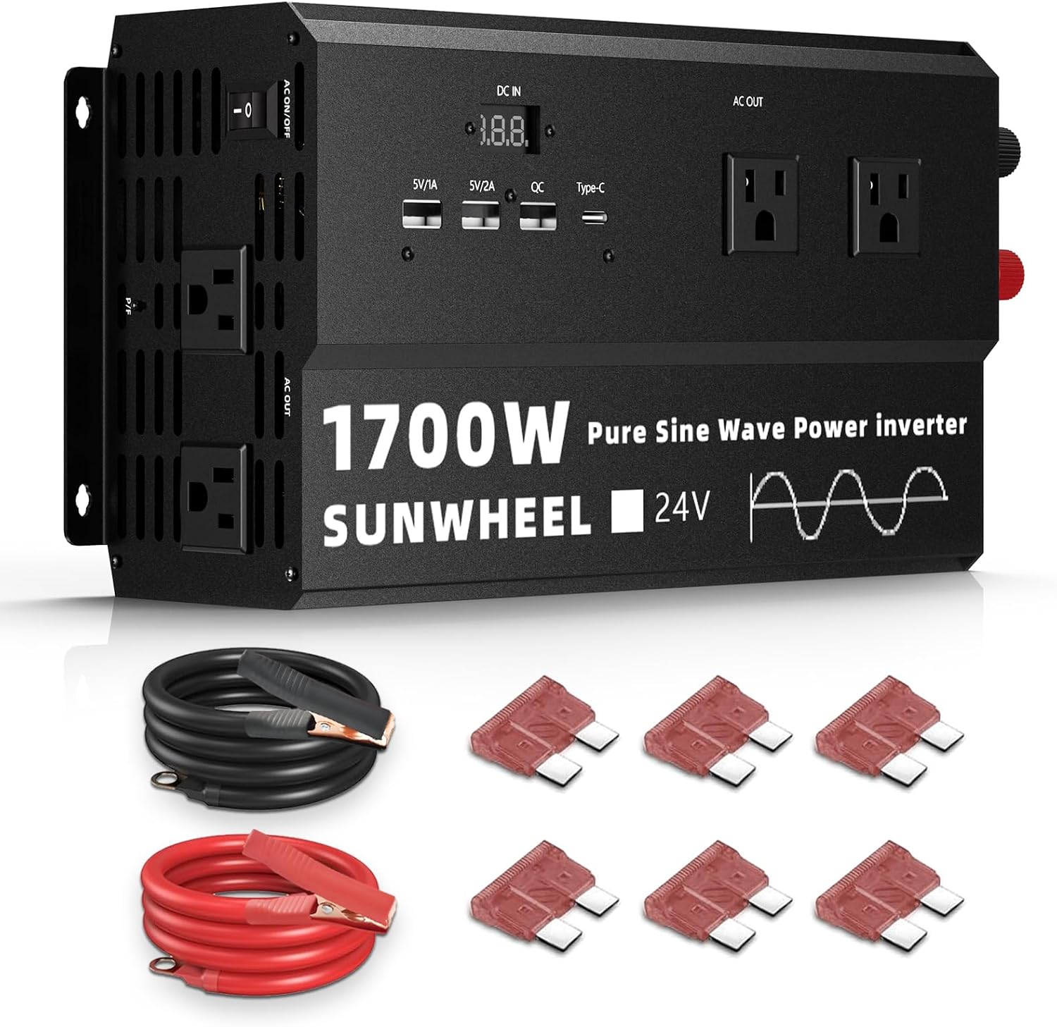 1700W 24V Pure Sine Wave Inverter, 24 Volt Power Inverter | 24V DC to 110V/120V AC for RV、Off Grid、Truck、Power Outage