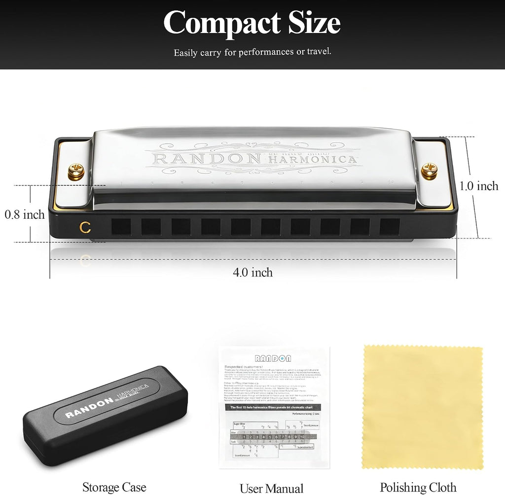 Silver Harmonica Key of C with Case, 10 Holes 20 Tones Diatonic Harmonicas Mouth Organ, Blues Harmonica for