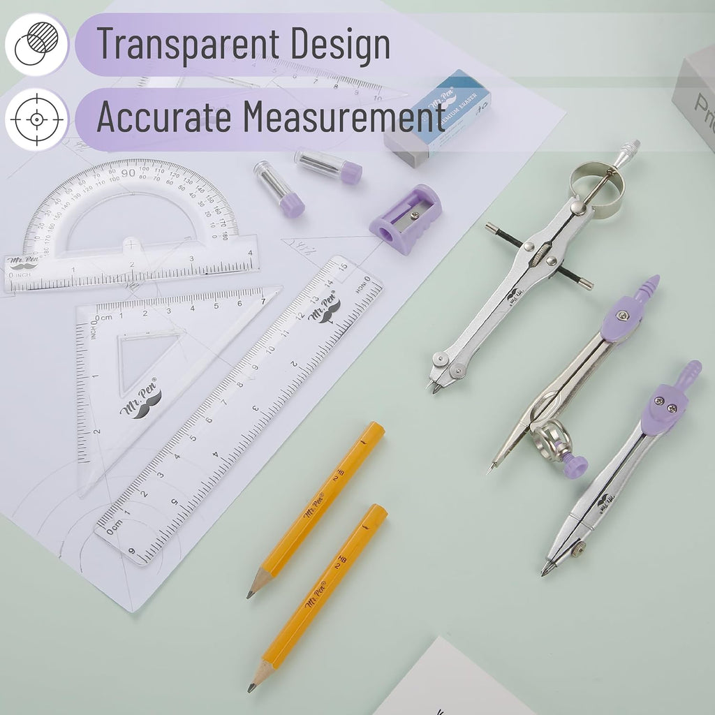 Geometry Set, 13 pcs, 3 Metal Compasses, Protractor, 6" Ruler | 45° & 30°/60° Set Squares, Pencils, Lead Refills