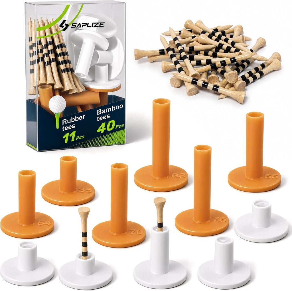 Golf Mat Tee Set, 5/11 Pack Rubber Tees with 40 Pack Bamboo Golf Tees for Practice Mats, Driving Range & Golf Simulator