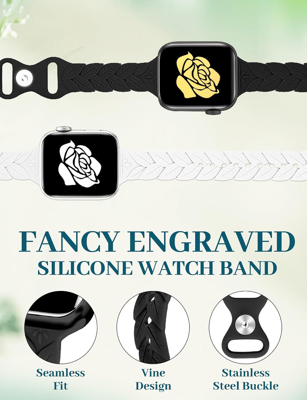 2 Pack Engraved Silicone-Bands Compatible with Apple Watch Band 38mm 40mm 41mm 42mm 44mm 45mm 46mm 49mm, Slim