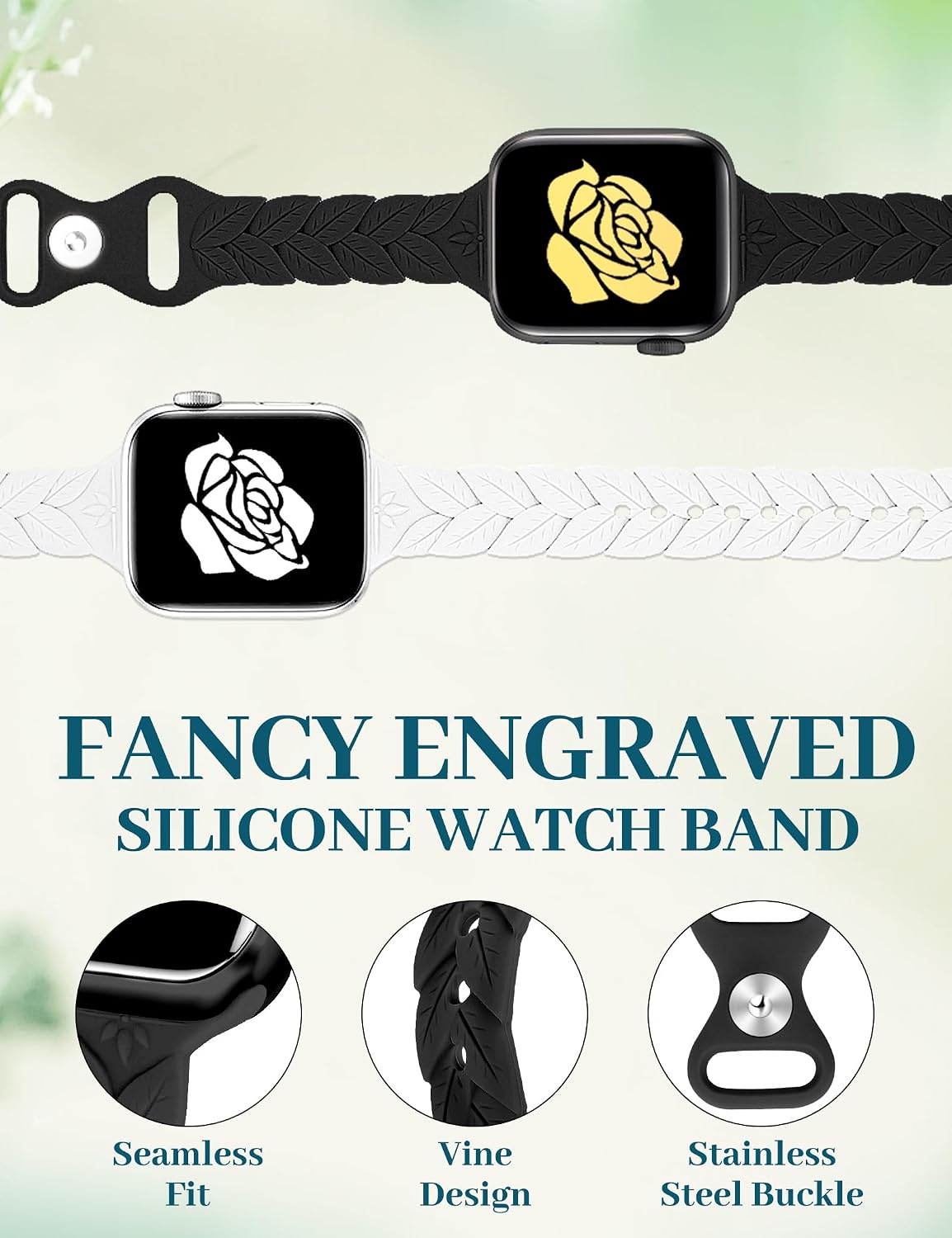 2 Pack Engraved Silicone-Bands Compatible with Apple Watch Band 38mm 40mm 41mm 42mm 44mm 45mm 46mm 49mm, Slim