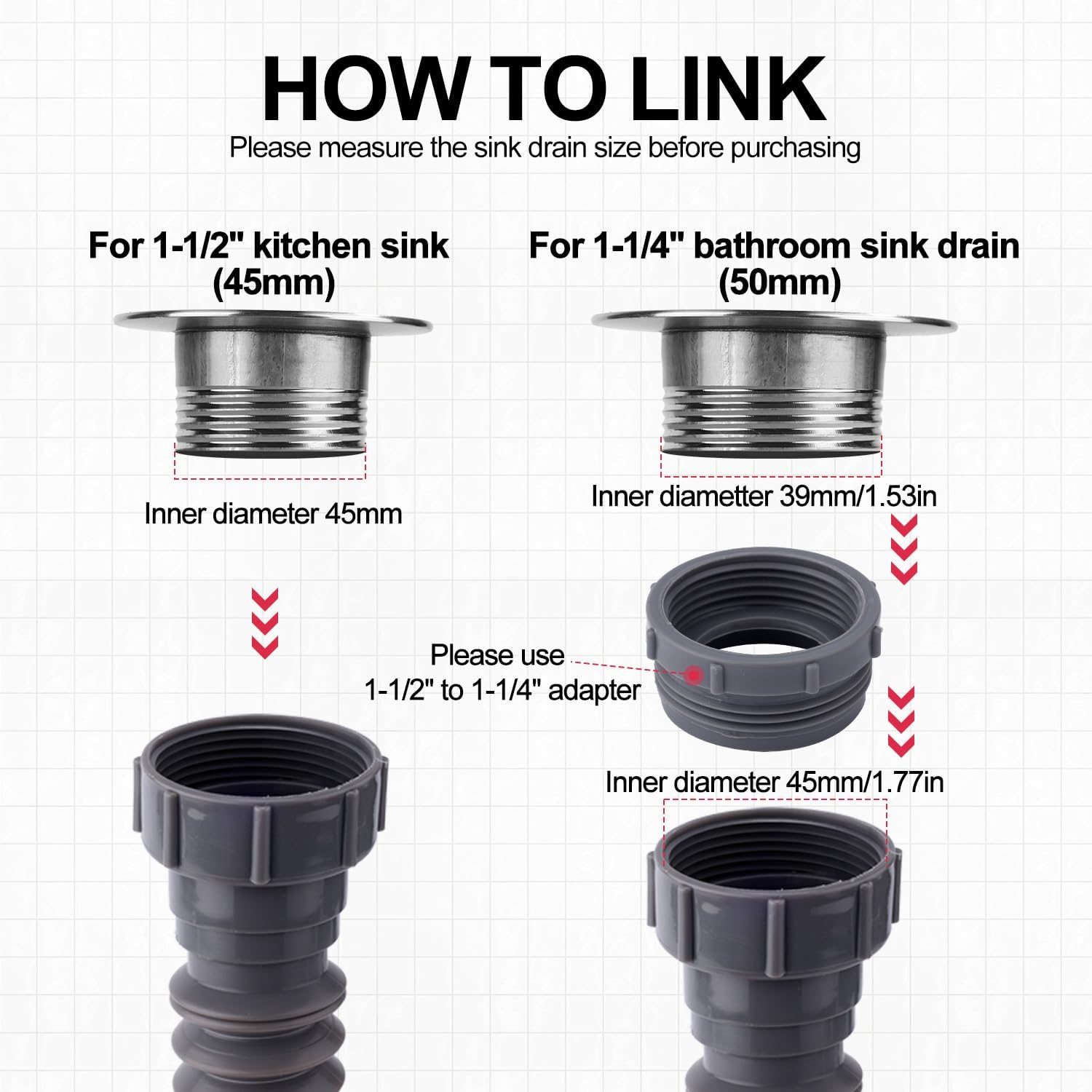 Sink Drain Kit, 1-1/2 Inch Expandable Flexible P-Trap 7.5 Inch - 17.7 Inch | Flexible Sink Drain Pipe for Bathroom