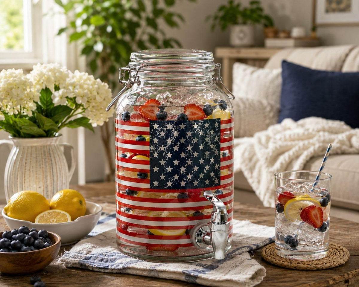 Drink Dispenser, Glass Beverage Dispenser Set (USA Flag-1 Gallon)