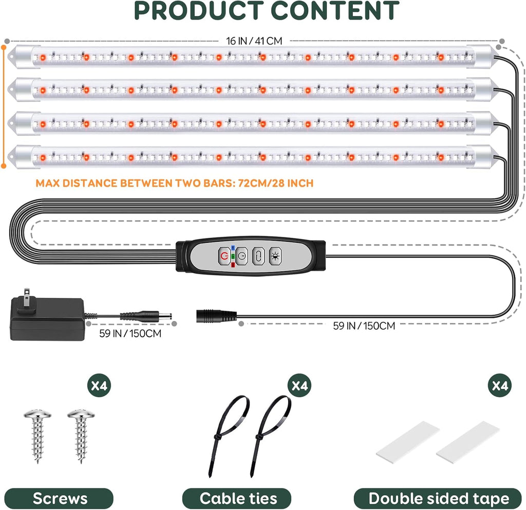 16'' 4 Bars Grow Light Strips for Indoor Plants with Auto ON/Off Timer 6/12/18H, 5 Dimmable Levels for Shelves Plant