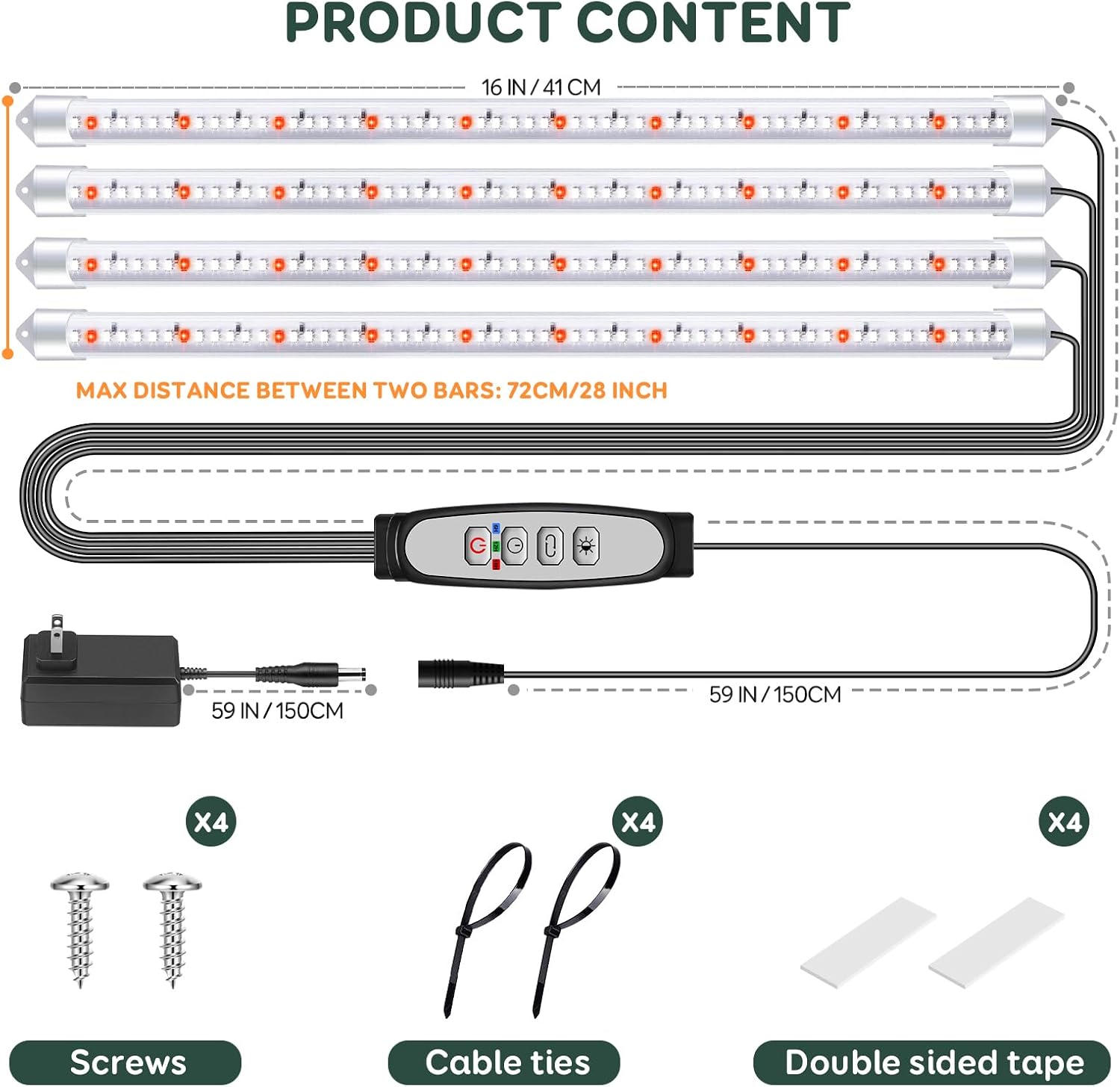 16'' 4 Bars Grow Light Strips for Indoor Plants with Auto ON/Off Timer 6/12/18H, 5 Dimmable Levels for Shelves Plant