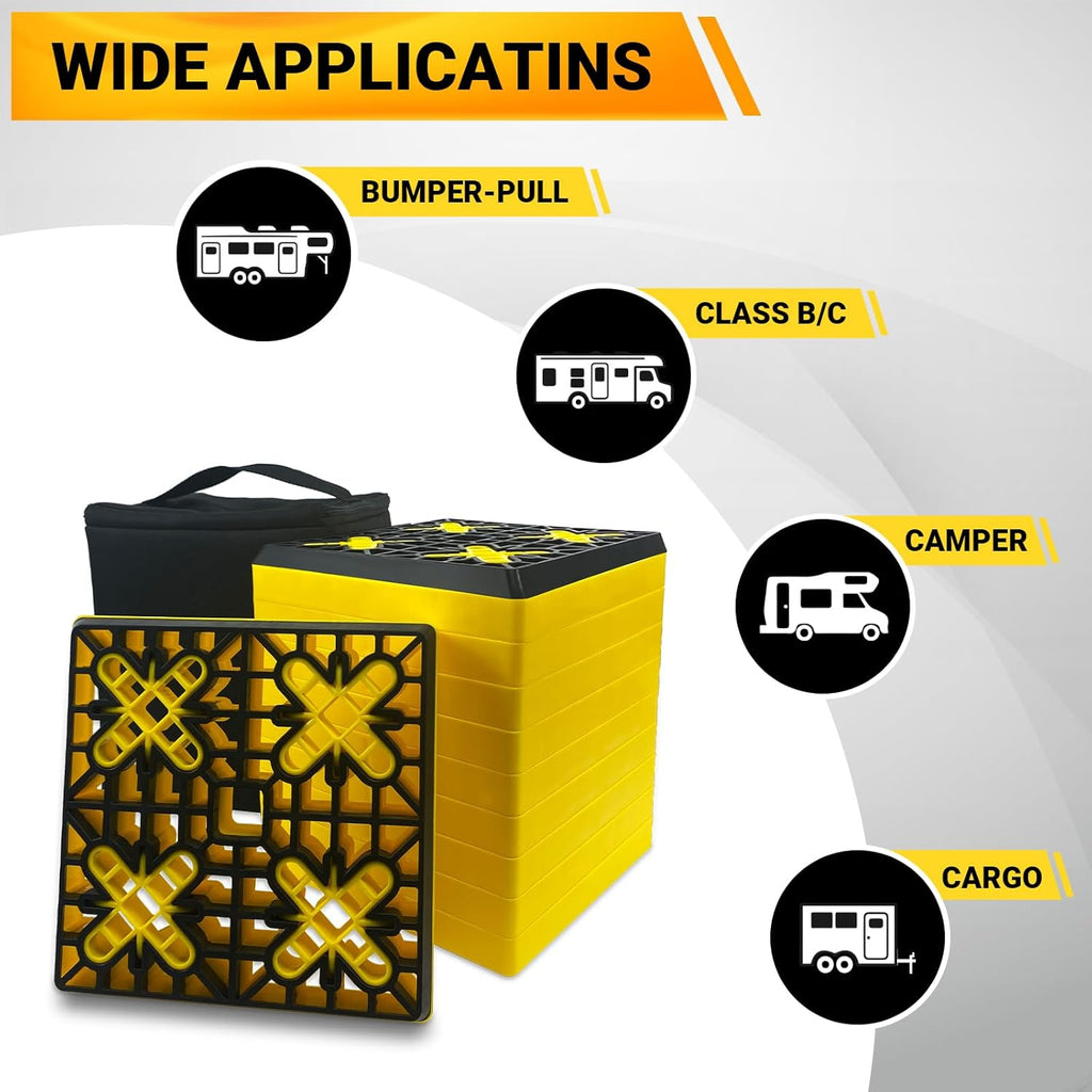 Rv Leveling Blocks 12 Pack (2 Rubber Top), Camper Leveling Blocks Sturdy Stackable Jack Blocks with Carrying Bag