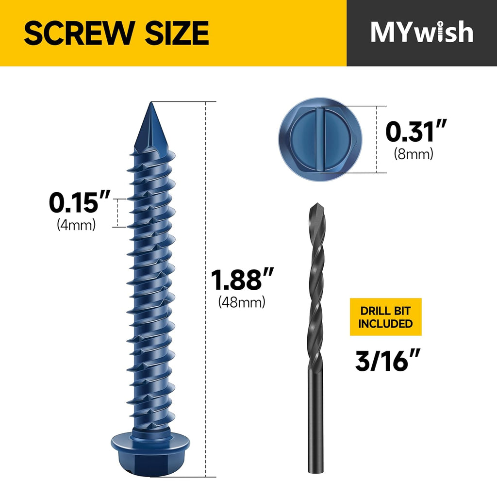 30Pcs 1/4 x 1-3/4" Concrete Screws, Slotted Hex Washer Head Stucco Screws Anchor Kit with 3/16 Drill Bit, Masonry