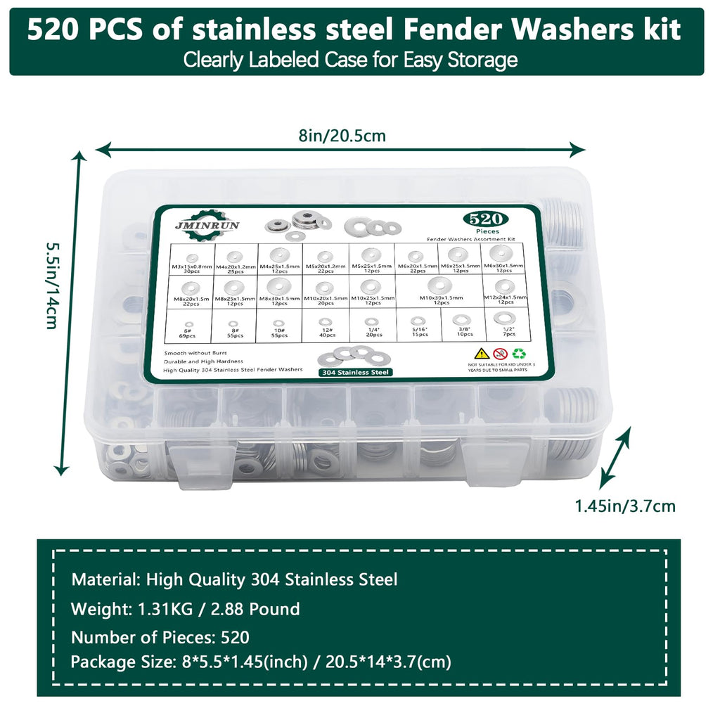 Fender Washers, 520 Pcs SAE + Metric 23 Sizes Flat Washers Assortment Set, 304 Stainless Steel Assorted Hardware