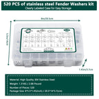 Fender Washers, 520 Pcs SAE + Metric 23 Sizes Flat Washers Assortment Set, 304 Stainless Steel Assorted Hardware