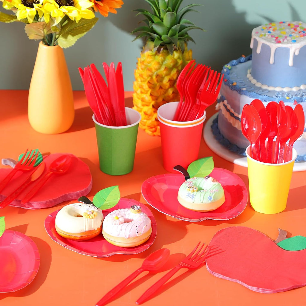 120 Pcs Fall Red Apple Party Paper Plates and Napkins Forks