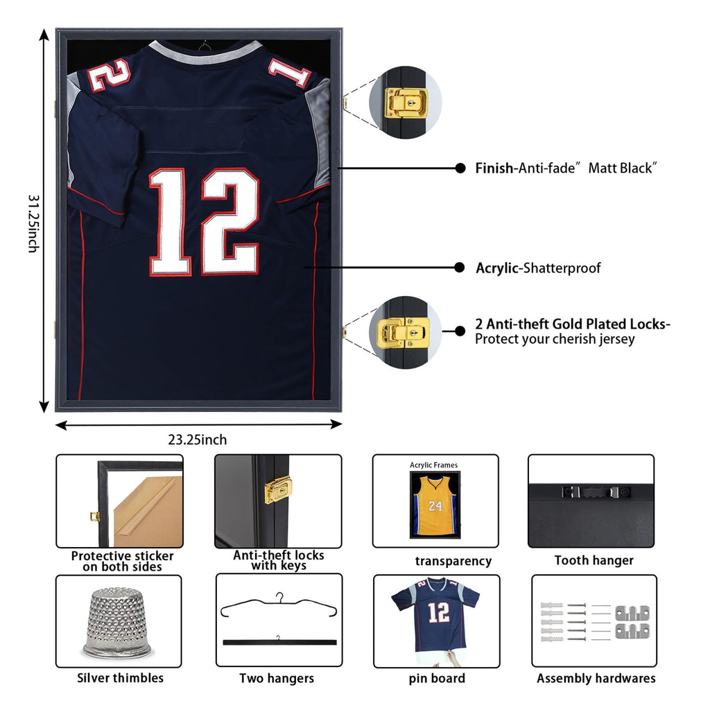 Jersey Display Frame Case, Large Sport Jersey Shadow Box, Black