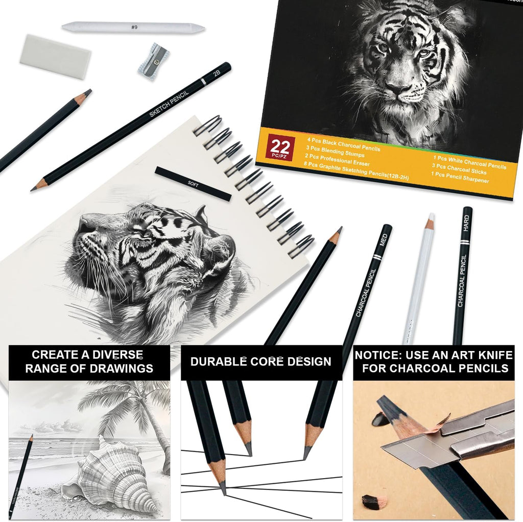 Charcoal Pencils for Drawing, Set of 22, Professional Drawing Sketch Pencils, Charcoal Art Supplies for Sketching
