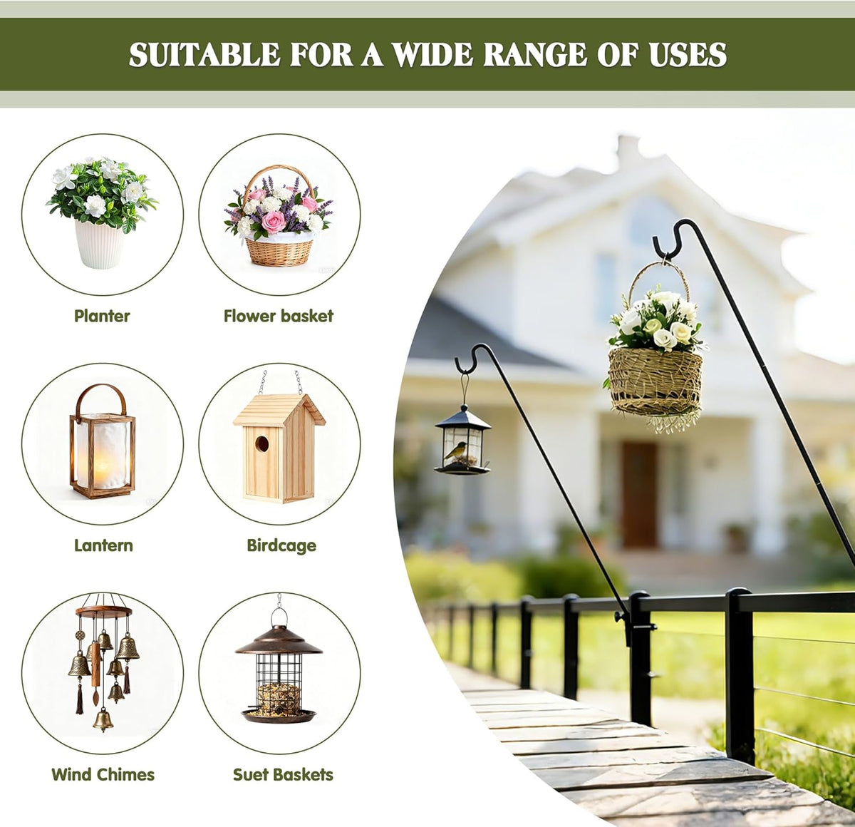 2 Packs Extended Fence Deck Heavy Duty Bird Feeder Hook, 360 Degree Rotary and Length Adjustable Plant Bracket for