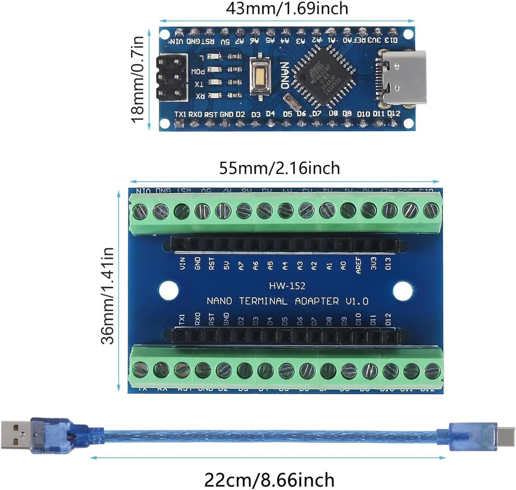 3 Set Nano V3.0 ATmega328P Module Microcontroller Board with Type-C Cable Compatible with Arduino + Nano Terminal Adapter Shield Expansion Board