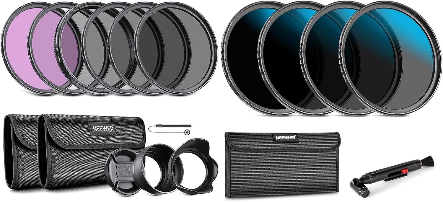 77mm ND Lens Filter Kit (UV, CPL, FLD, ND2, ND4, ND8, Lens Hood, Lens Cap) and ND16/ND32/ND64/ND1000 Compatible with