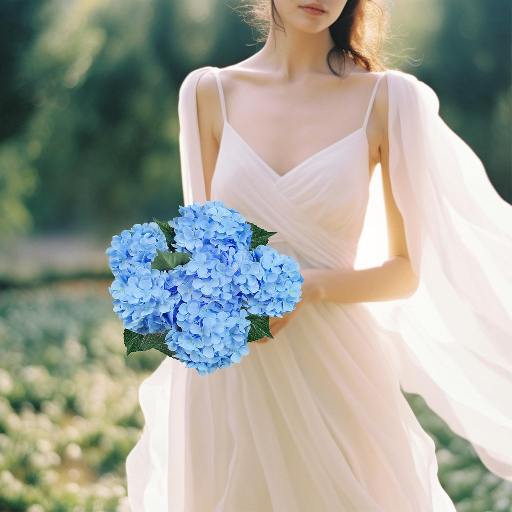 6PCS Blue Hydrangea Artificial Flowers, Silk Faux Hydrangeas